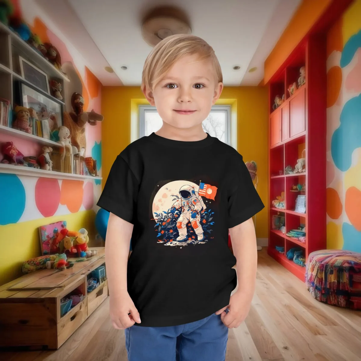 Toddler in black t-shirt with colorful astronaut graphic and lunar background.