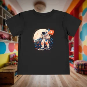 Flat lay of black toddler t-shirt with a cartoon astronaut on the moon design.