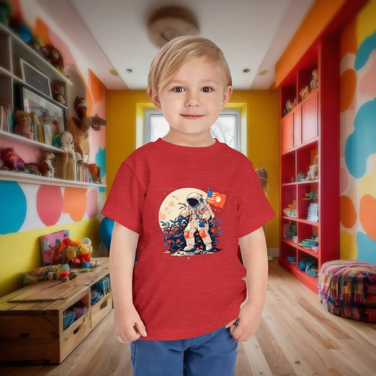 Toddler wearing a red t-shirt with an astronaut and moon landing design.
