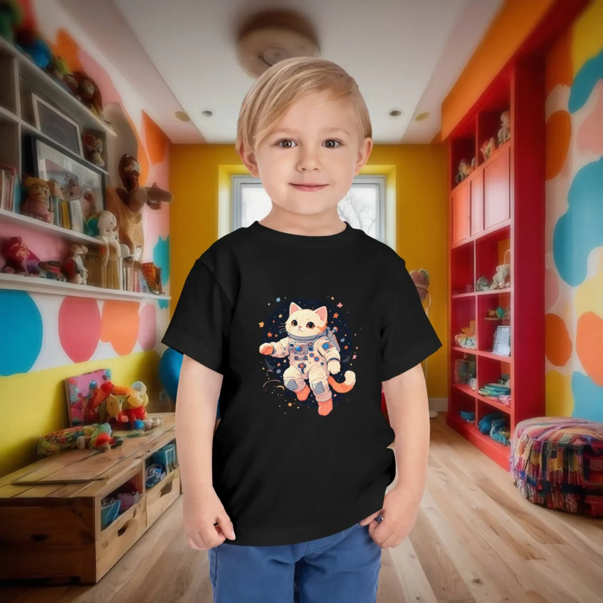 Toddler in a black t-shirt with a cartoon astronaut cat floating in space.
