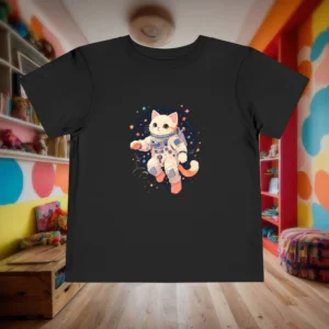 Flat lay of black toddler t-shirt featuring a cartoon space cat in an astronaut suit.