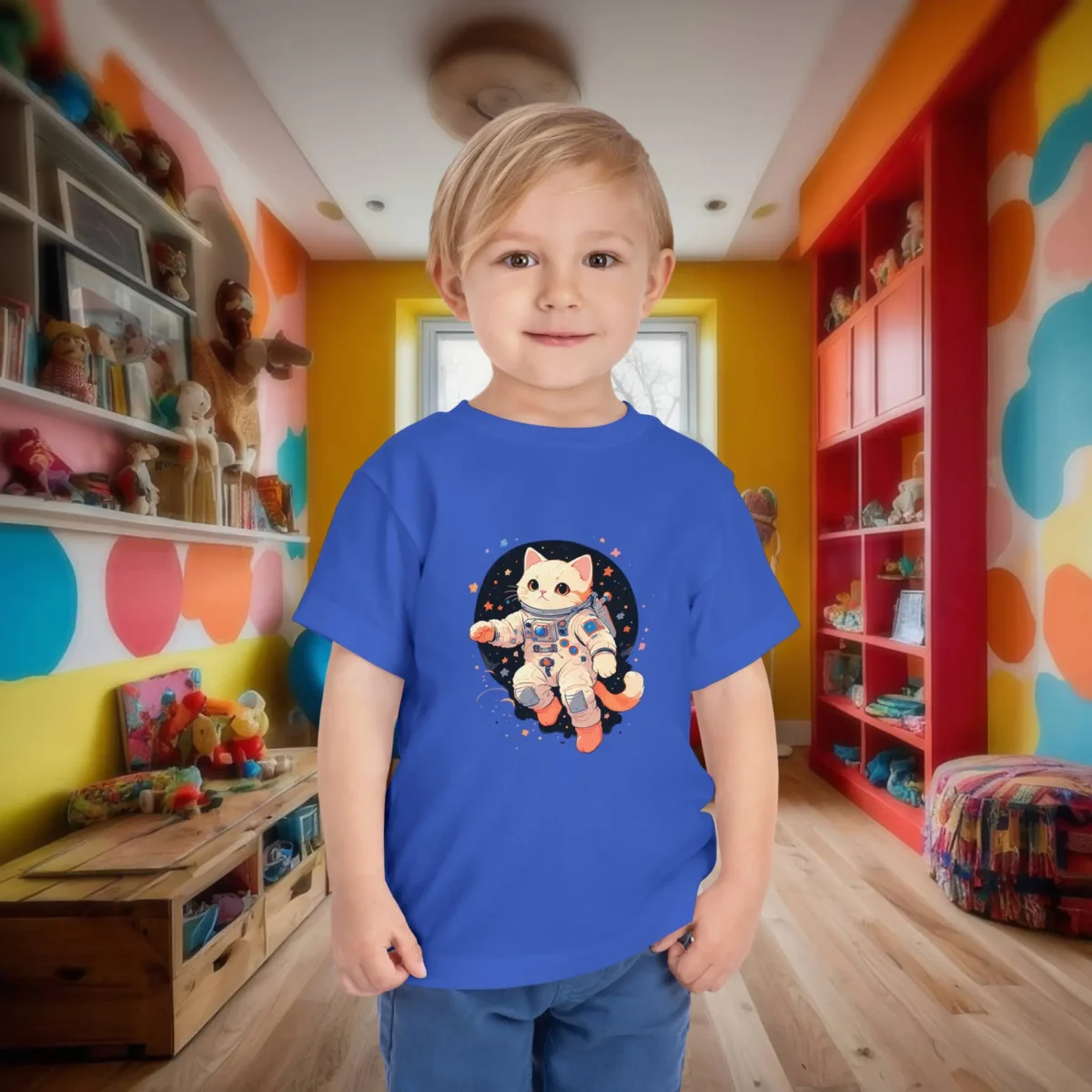 Toddler wearing a blue t-shirt with a cartoon cat in an astronaut suit floating in space.