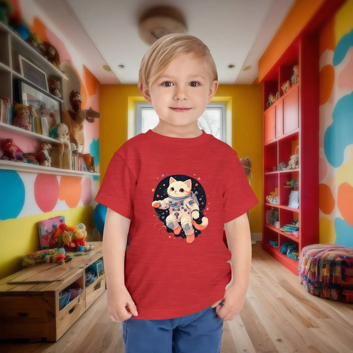 Toddler in red t-shirt featuring a cute cartoon cat in a space suit surrounded by stars.