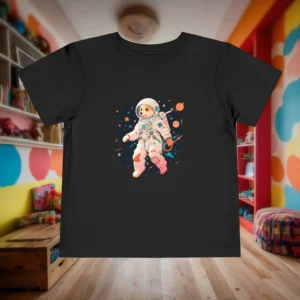Flat lay of black toddler t-shirt with astronaut dog in space illustration.