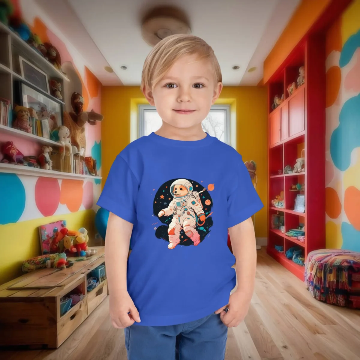 Toddler wearing a blue t-shirt with a cartoon dog in a space suit floating in space.