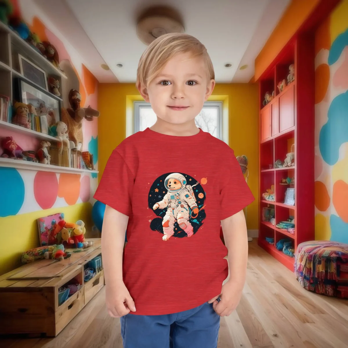 Toddler in a red t-shirt with a cartoon space dog in an astronaut suit.