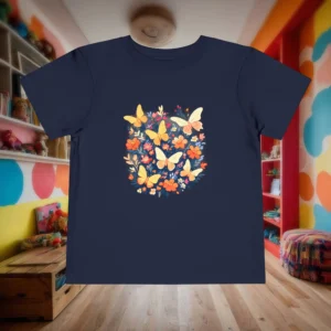 Flat lay of navy toddler T-shirt with butterfly and floral circle design