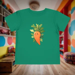 Flat lay of green toddler T-shirt with a cute cartoon carrot character