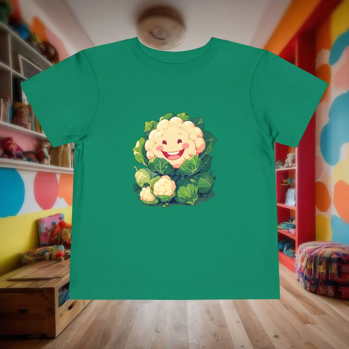 Flat lay of green toddler T-shirt with a happy cartoon cauliflower graphic