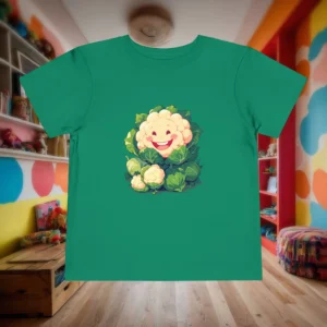 Flat lay of green toddler T-shirt with a happy cartoon cauliflower graphic