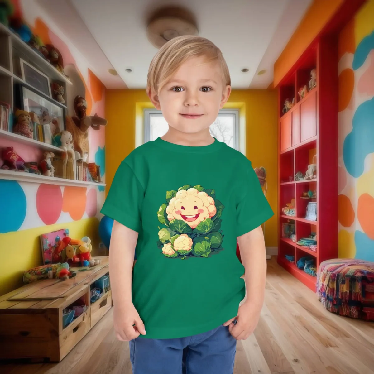 Toddler in green T-shirt with a smiling cauliflower and leafy background