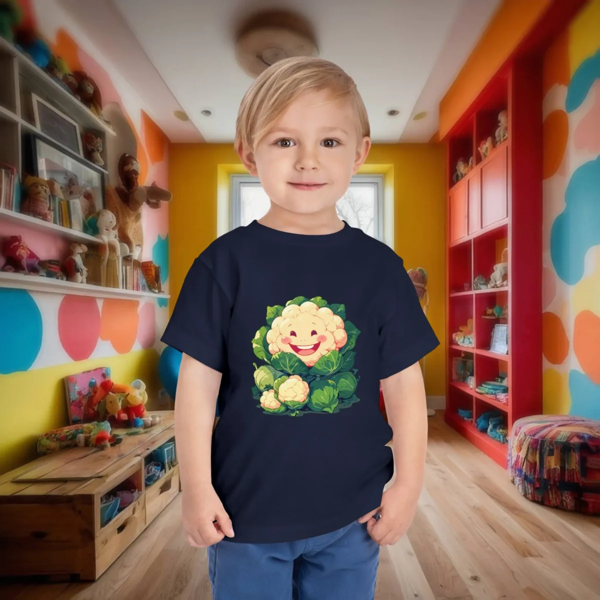 Smiling toddler in navy T-shirt with a fun cartoon cauliflower print
