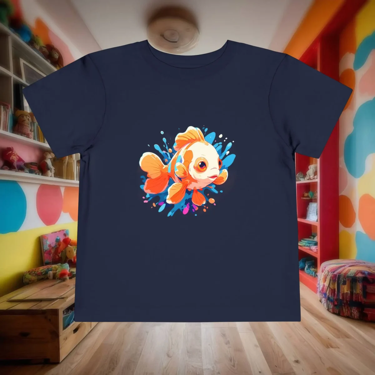 Flat lay of navy toddler T-shirt with a colorful clownfish and water splash print