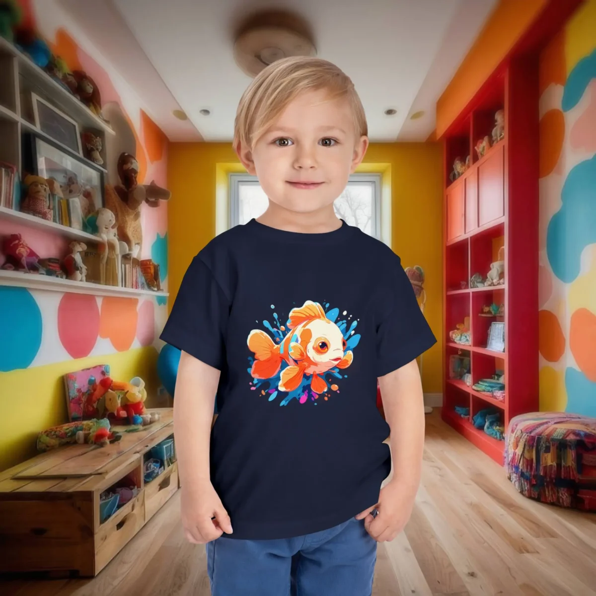 Flat lay of navy toddler T-shirt with a colorful clownfish and water splash print
