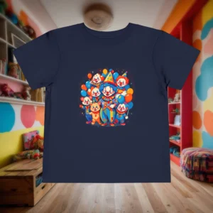 Flat lay of navy toddler T-shirt with a bright cartoon clown group design
