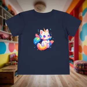 Flat lay of navy toddler T-shirt with a colorful rainbow caticorn character named Comet