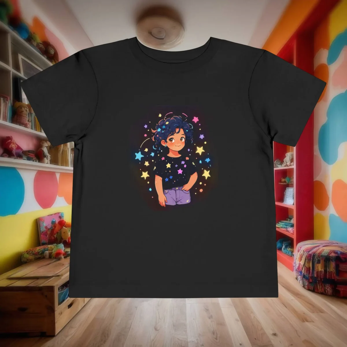 Flat black toddler T-shirt with a colorful illustration of a girl among stars and cosmic elements