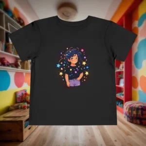 Flat black toddler T-shirt with a colorful illustration of a girl among stars and cosmic elements