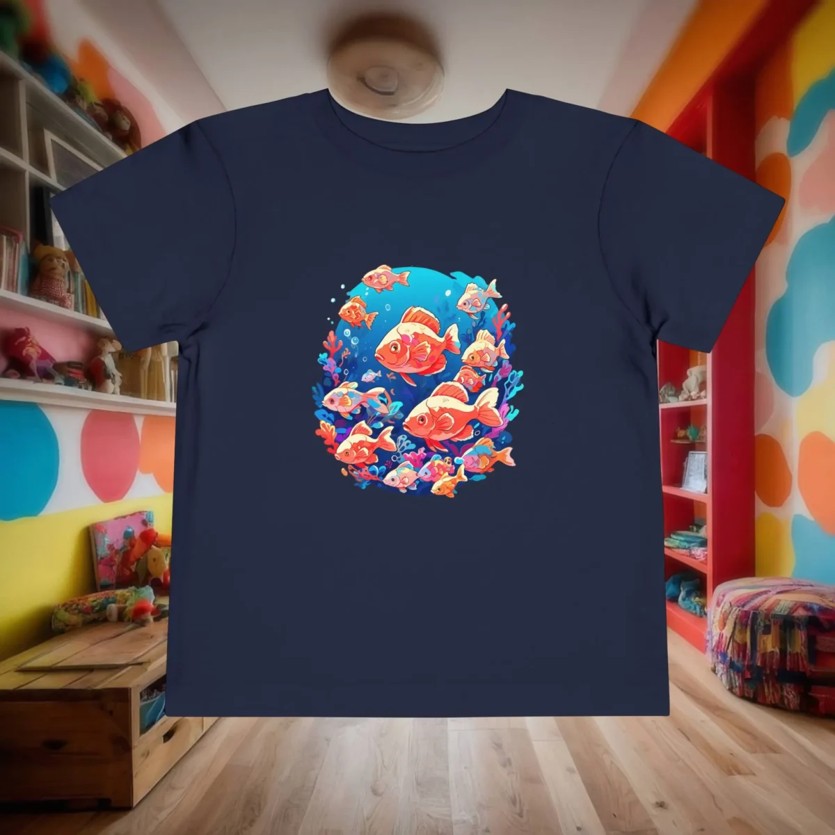 Flat lay of navy toddler T-shirt featuring a vibrant coral reef with colorful fish