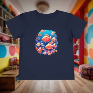 Flat lay of navy toddler T-shirt featuring a vibrant coral reef with colorful fish