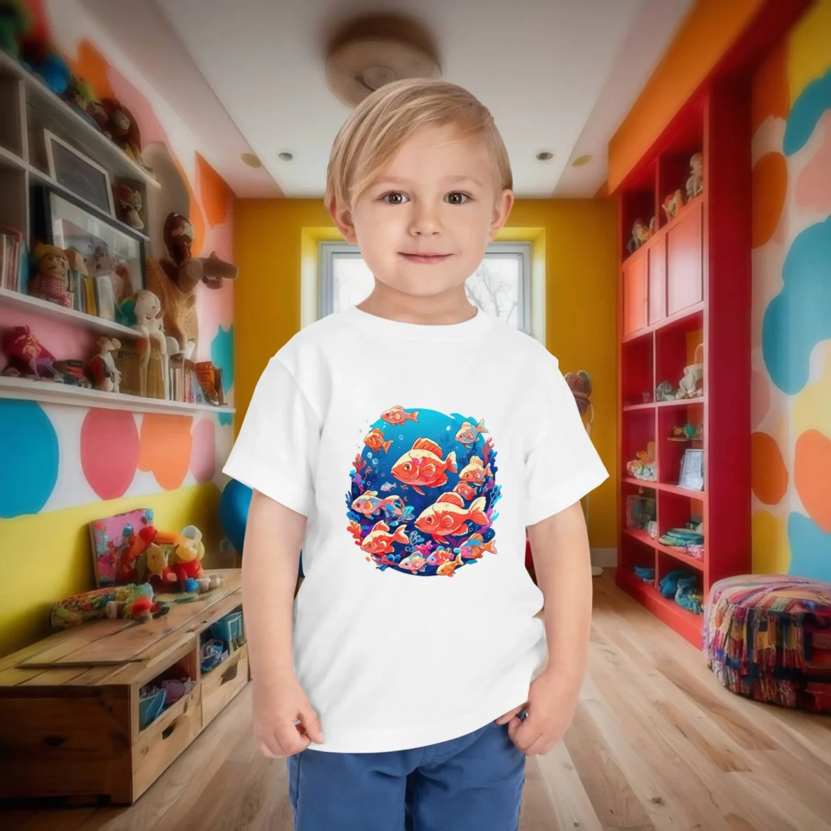 Toddler in white T-shirt with a colorful coral reef and tropical fish illustration