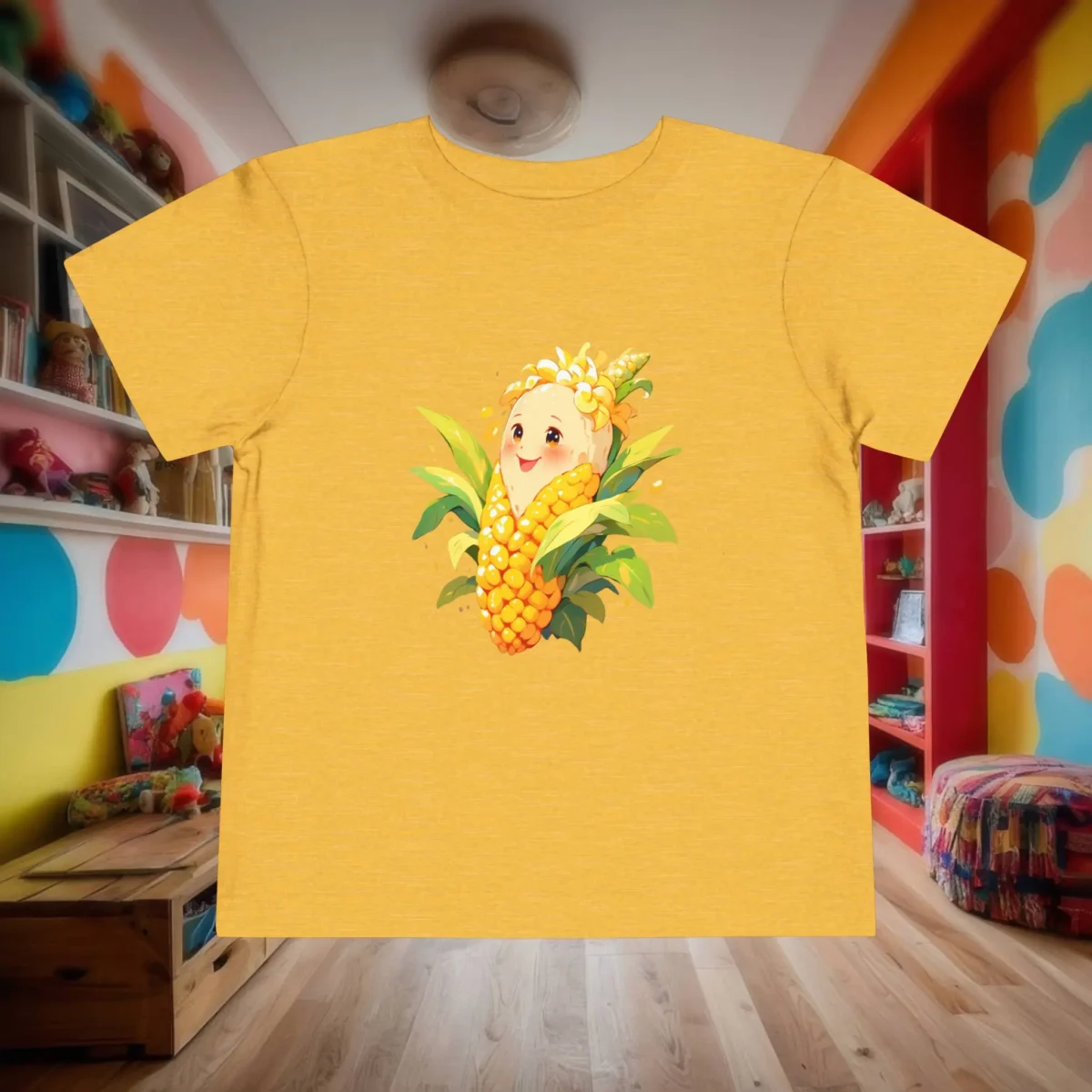 Flat lay of yellow toddler T-shirt with a cute corn character illustration