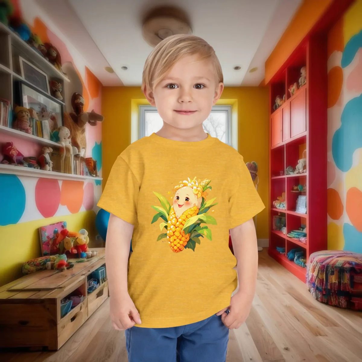 Toddler wearing yellow T-shirt with a cute cartoon corn illustration