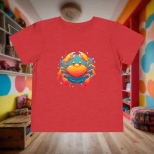 Flat lay of red toddler T-shirt with smiling orange crab graphic