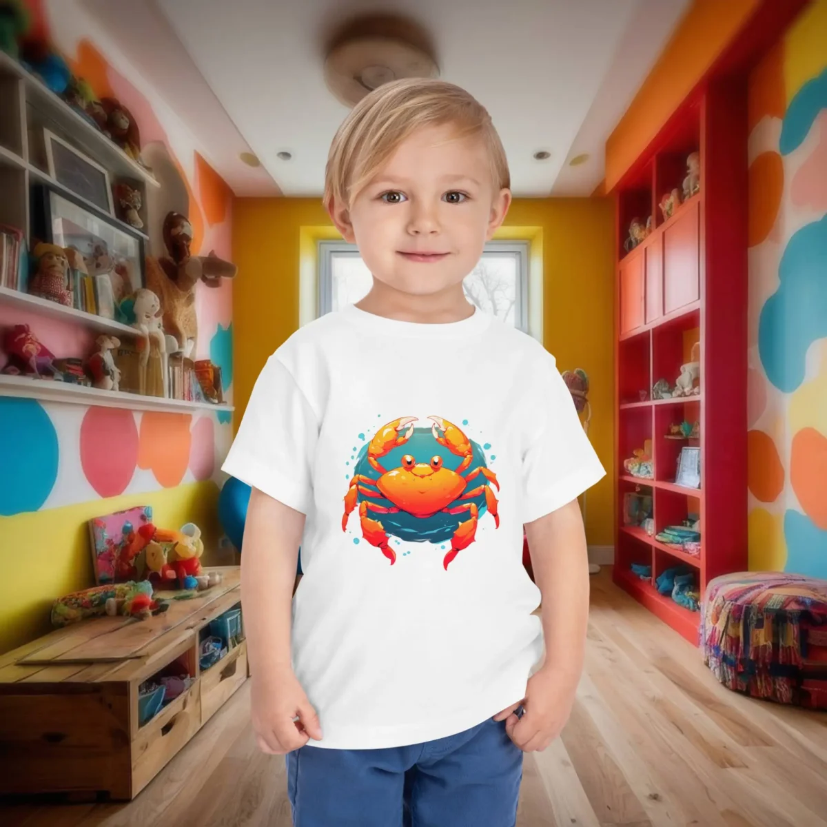 Toddler wearing white T-shirt with colorful crab cartoon design