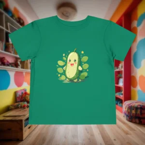 Flat lay of green toddler T-shirt with cartoon cucumber and leafy background