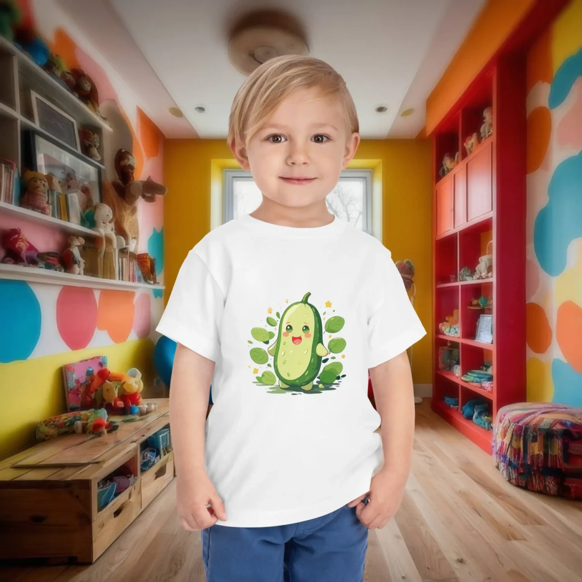 Toddler in white T-shirt with adorable cucumber illustration and green leafy background