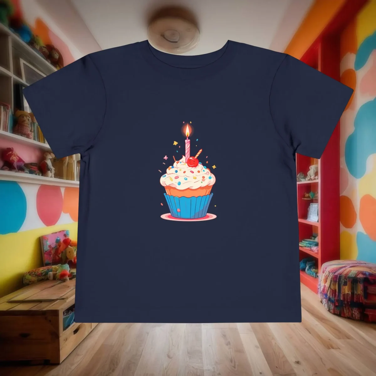 Flat lay of navy toddler T-shirt with birthday cupcake and candle graphic