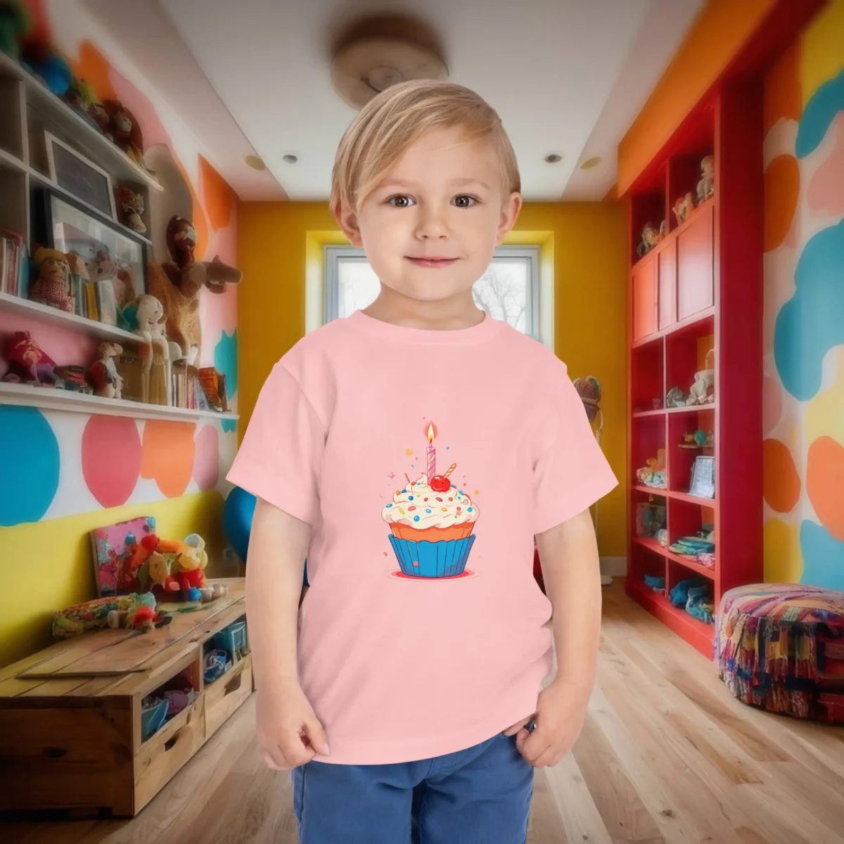 Toddler in pink T-shirt with cupcake and birthday candle graphic