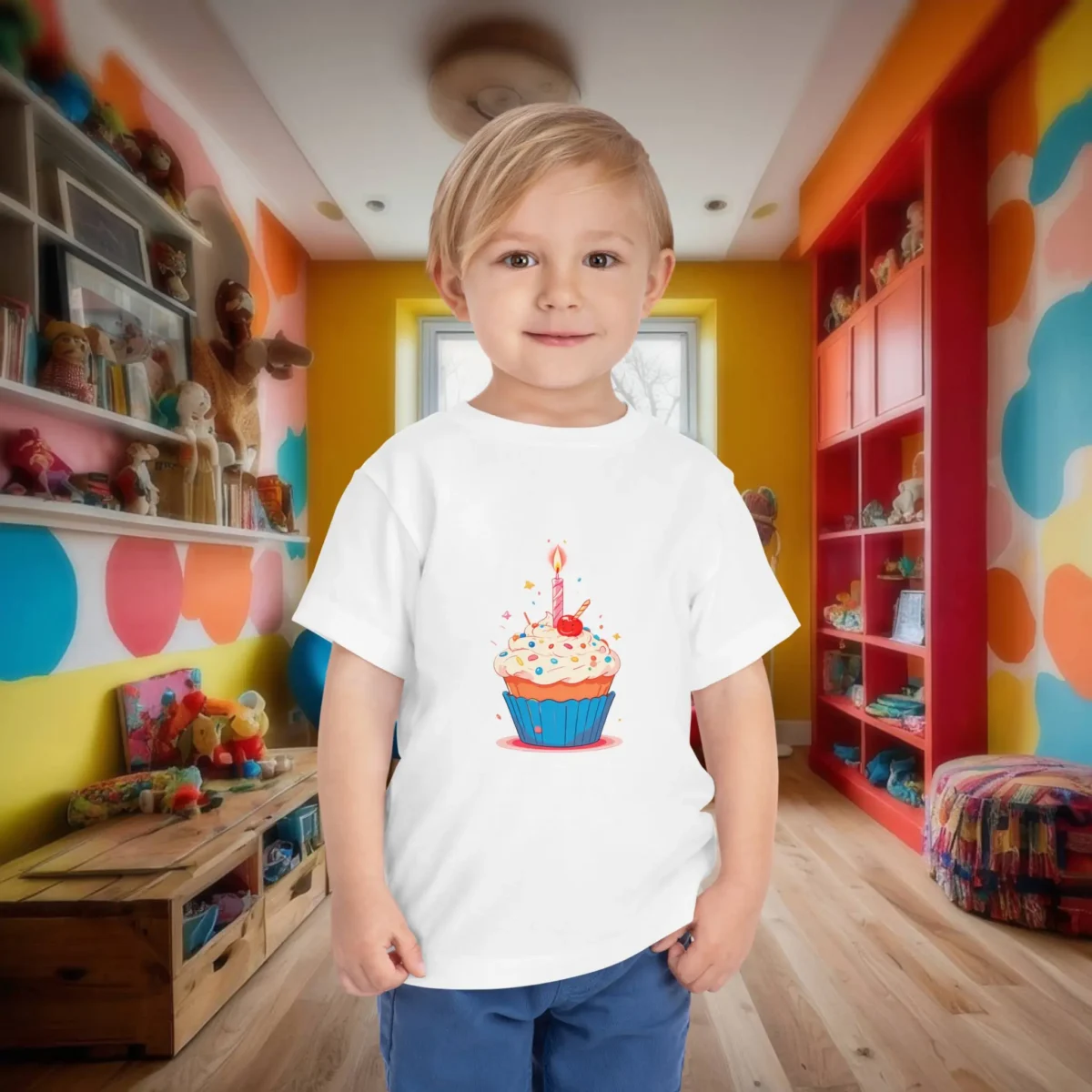 Toddler in white T-shirt with colorful cupcake and candle print