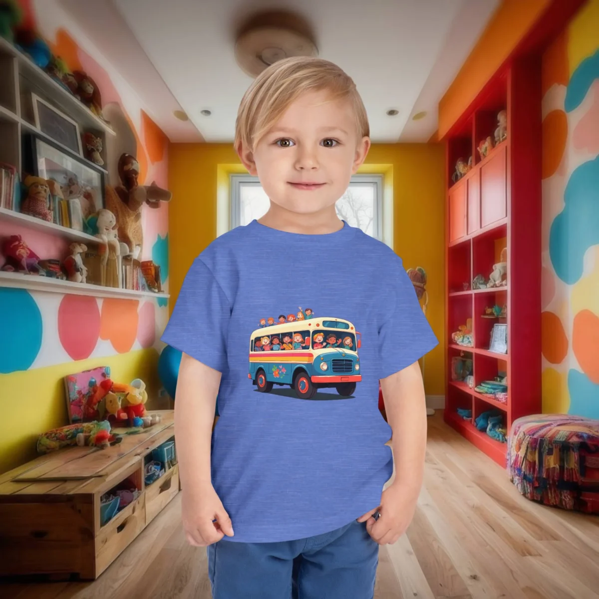 Toddler wearing heather blue T-shirt with colorful cartoon bus and happy kids