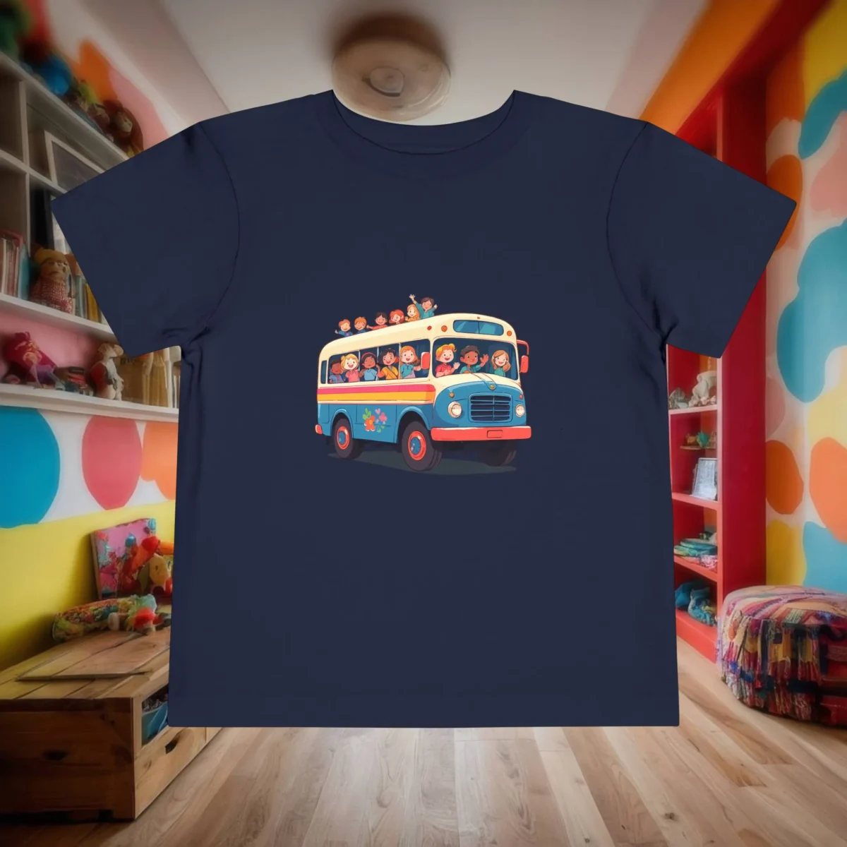 Flat lay of navy toddler T-shirt with cheerful school bus and children design