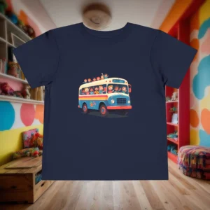 Flat lay of navy toddler T-shirt with cheerful school bus and children design