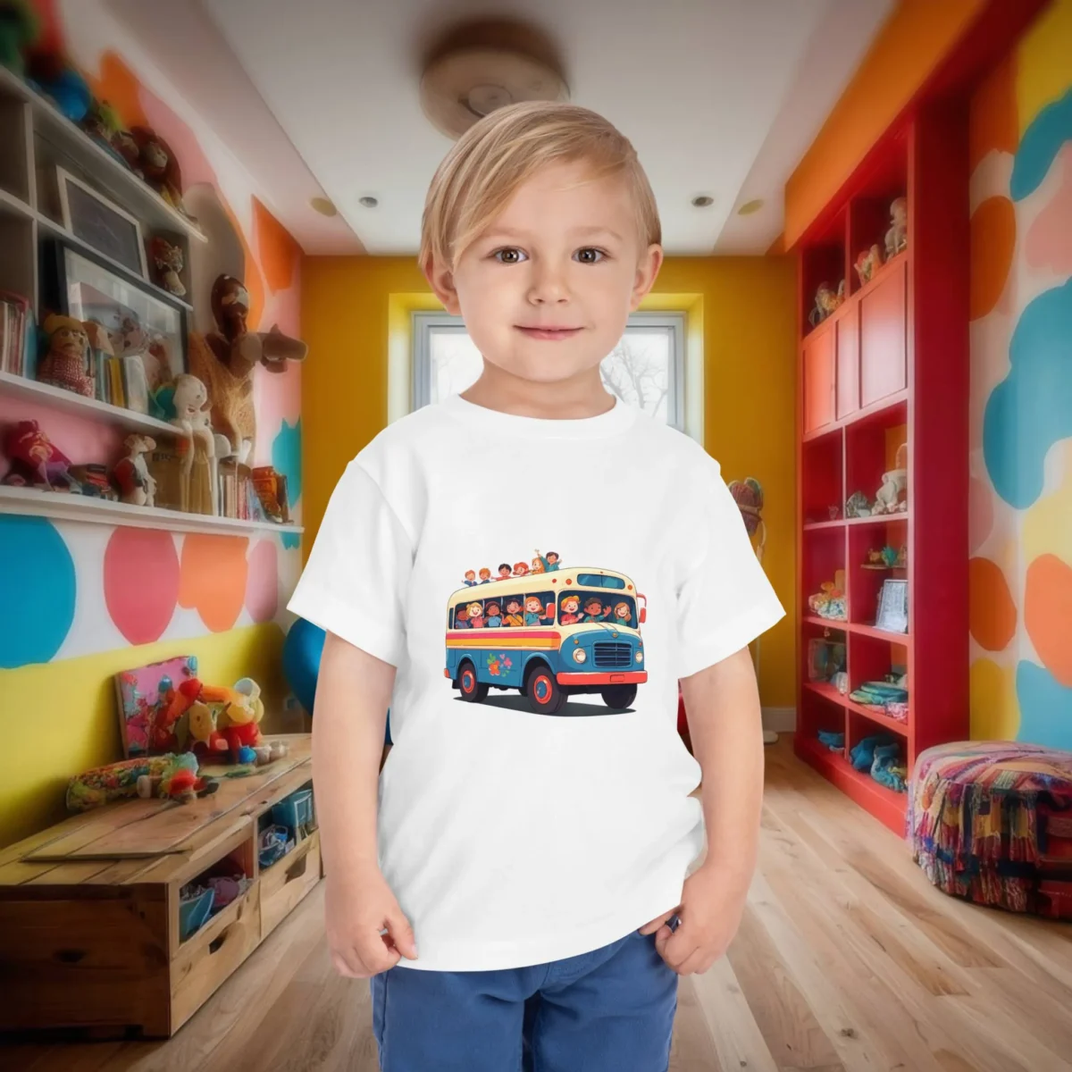 Toddler wearing white T-shirt with fun cartoon bus and happy children illustration