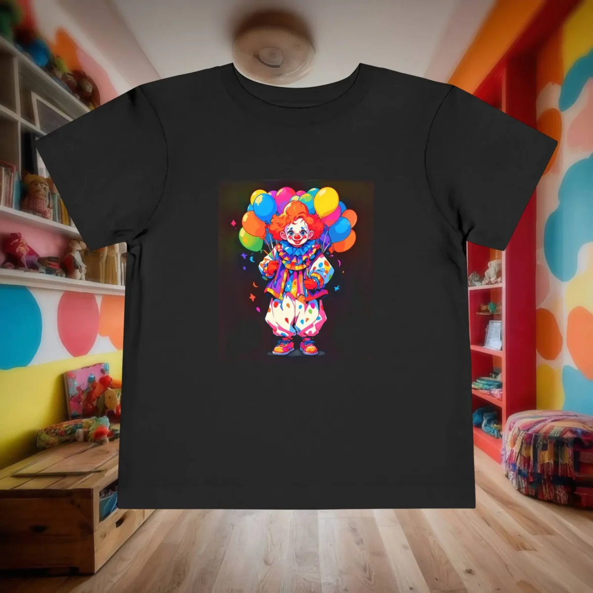 Flat lay of black toddler T-shirt with happy clown and balloons cartoon