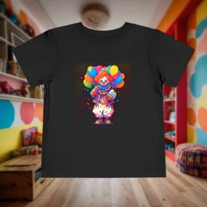 Flat lay of black toddler T-shirt with happy clown and balloons cartoon