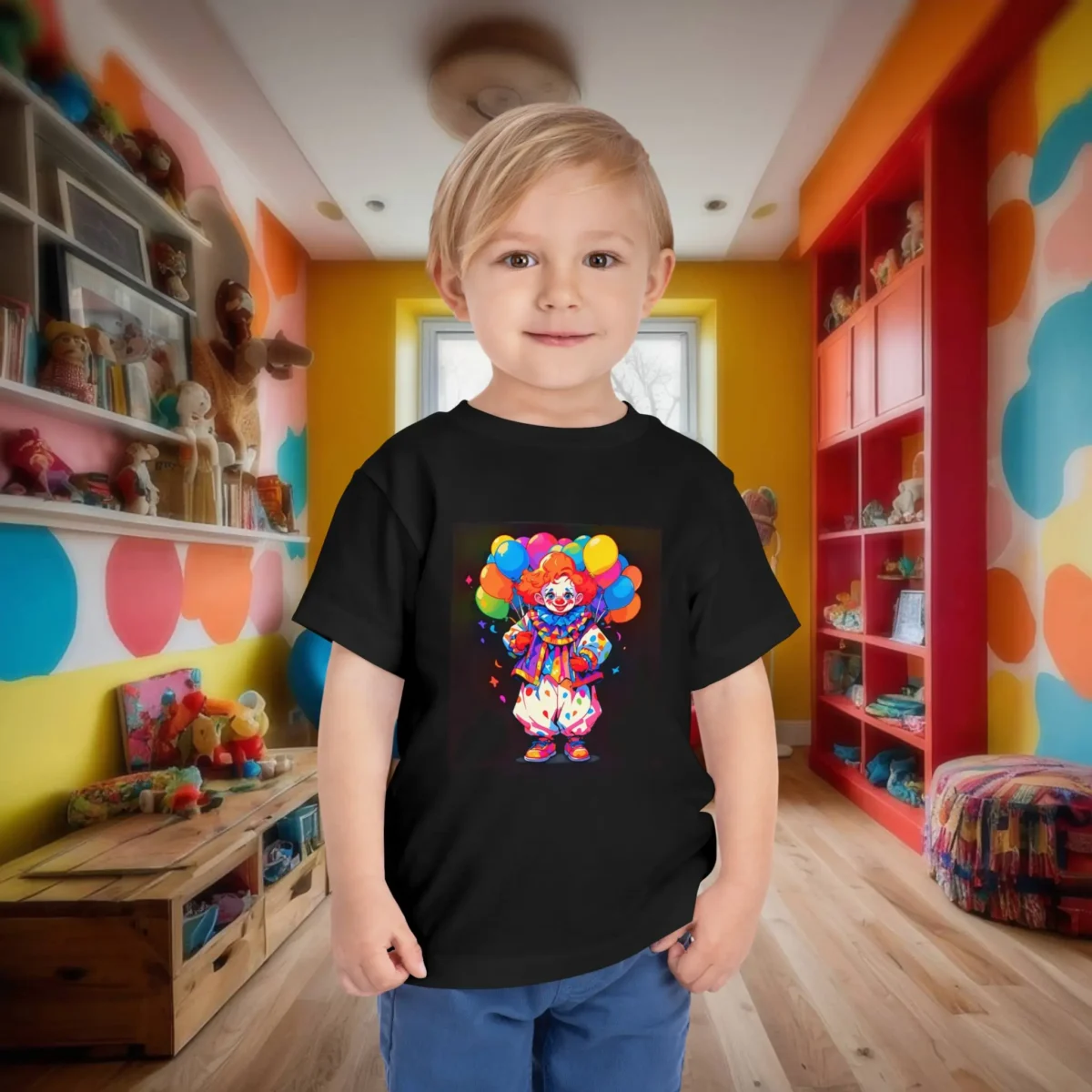 Toddler in black T-shirt with colorful cute clown holding balloons illustration