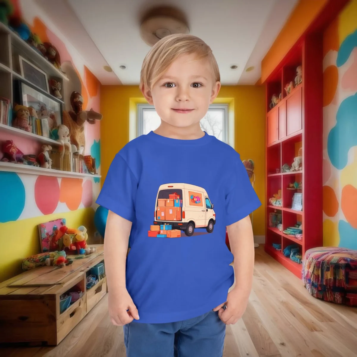 Toddler boy in a bright blue t-shirt with a cartoon parcel van and boxes