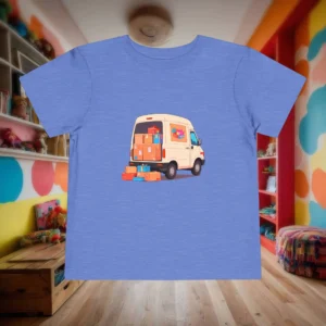 Flat lay of a heather blue toddler t-shirt with a cartoon delivery van and packages