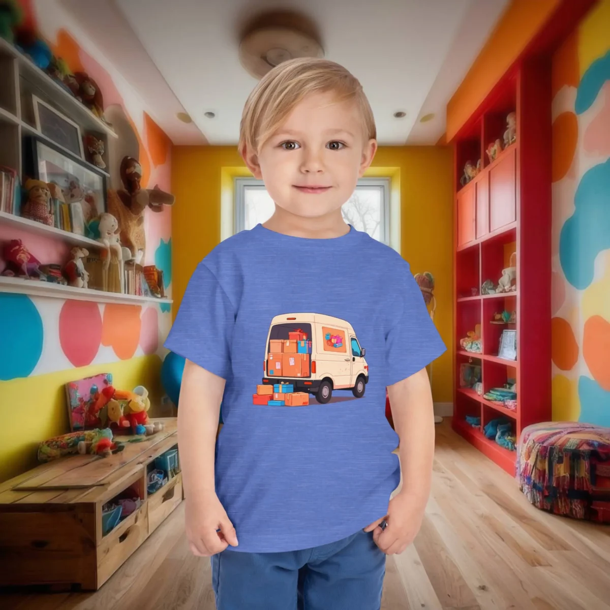 Toddler in a heather blue t-shirt with a delivery van filled with colorful boxes