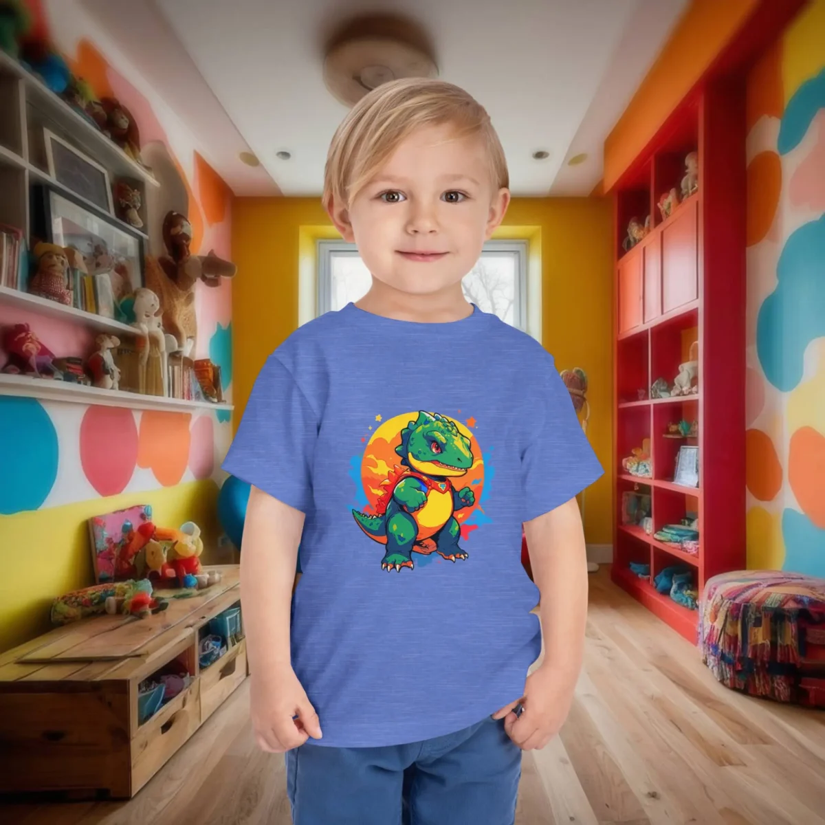 Toddler boy in a heather blue t-shirt with a superhero dinosaur graphic