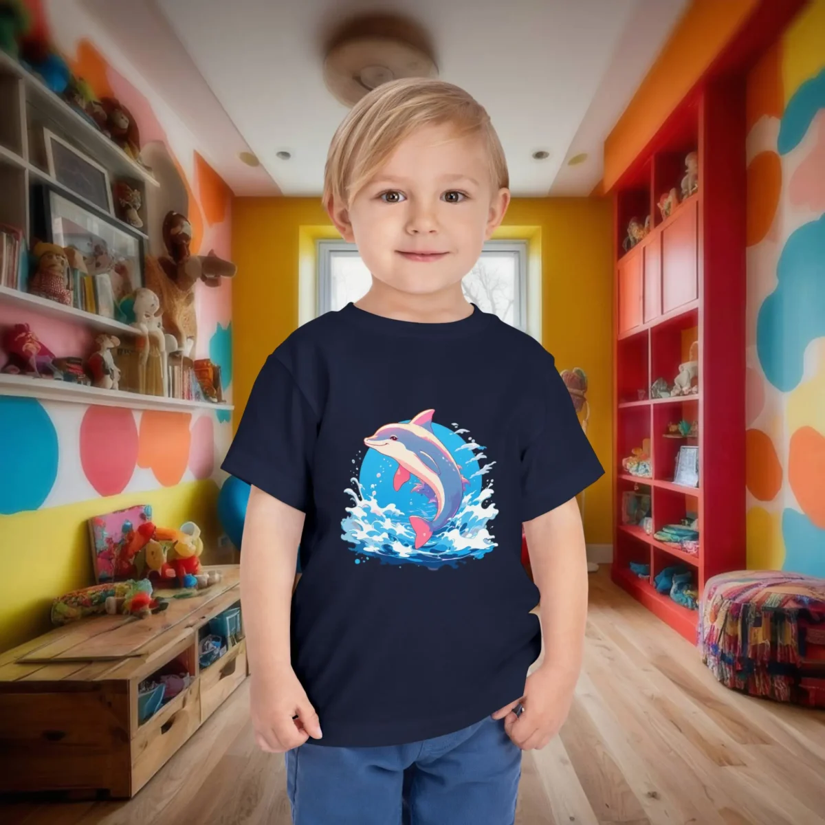 Toddler in navy blue t-shirt with a cartoon dolphin leaping through waves