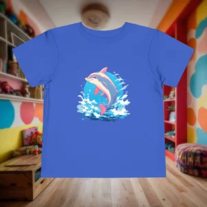 Flat lay of a royal blue toddler t-shirt with a cartoon dolphin jumping out of the water
