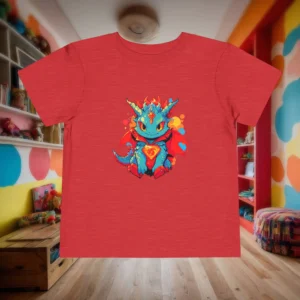 Flat lay of a heather red toddler t-shirt with a colorful superhero dragon illustration