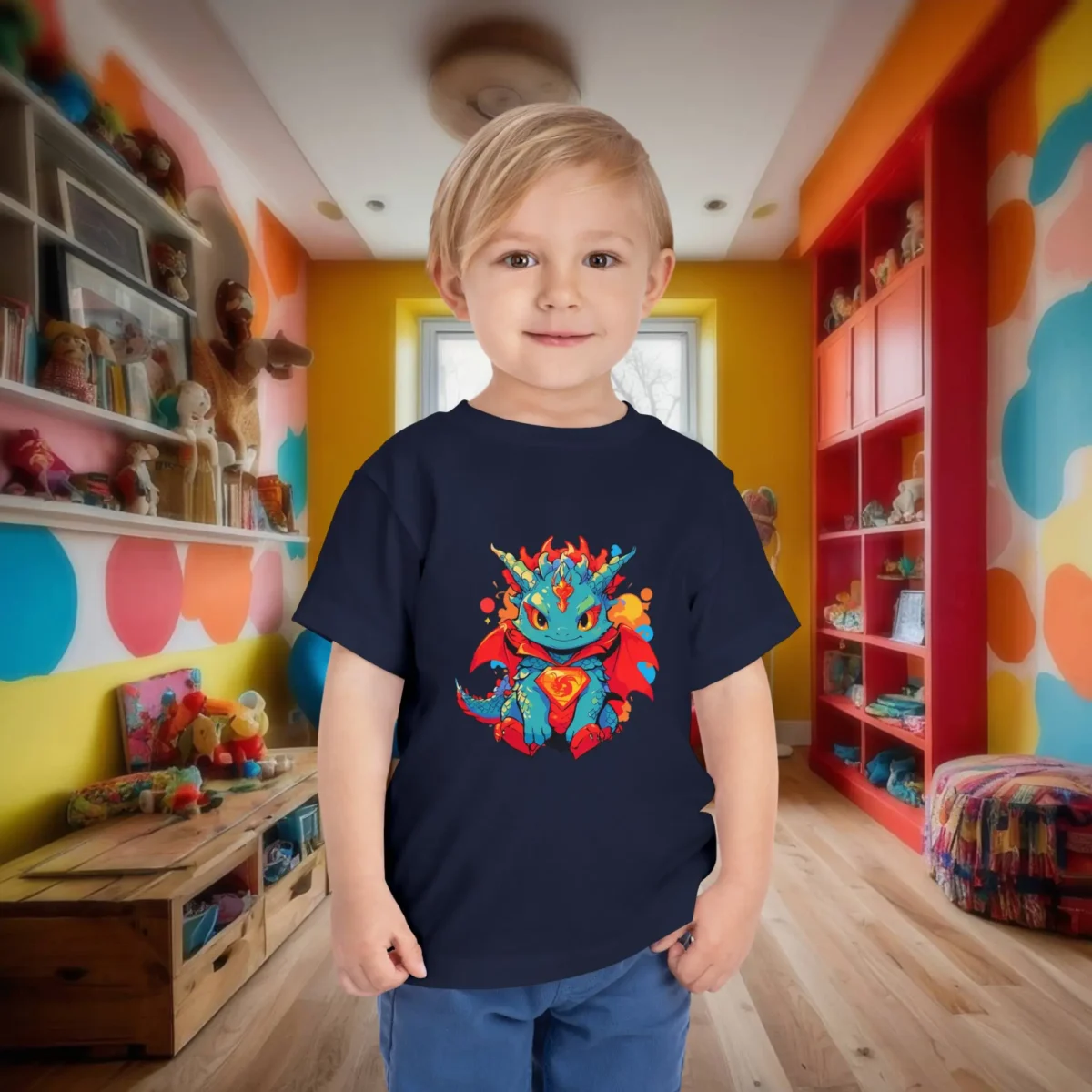 Toddler in a navy t-shirt with a superhero cartoon dragon in red cape