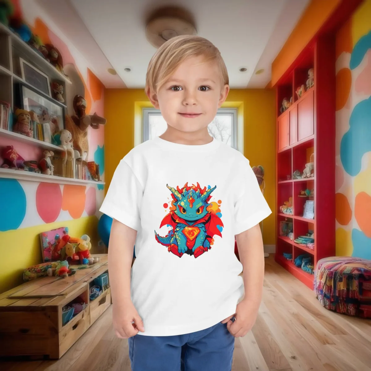 Toddler in white t-shirt with a colorful cartoon dragon wearing a cape